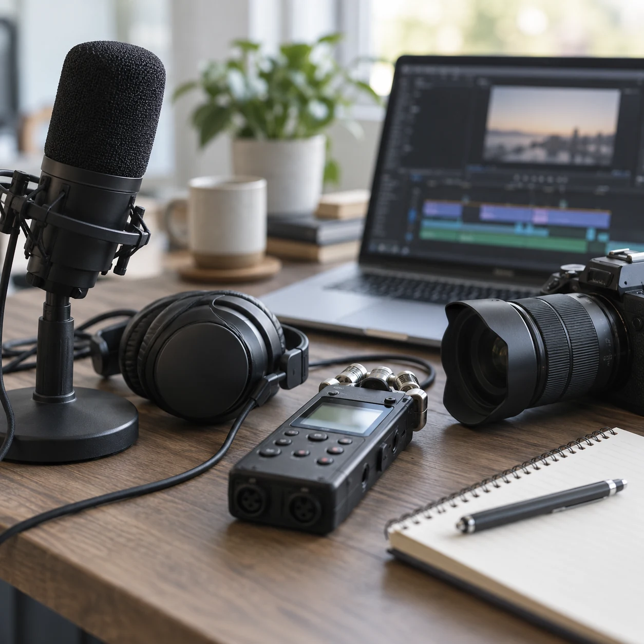 Microphone, casque, enregistreur et caméra de production audiovisuelle